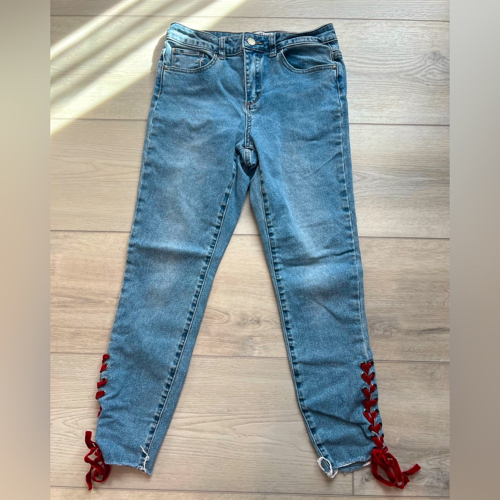 Women’s Jeans with cute red ribbons on the side from Velvet Heart Denim.🎀❤️
